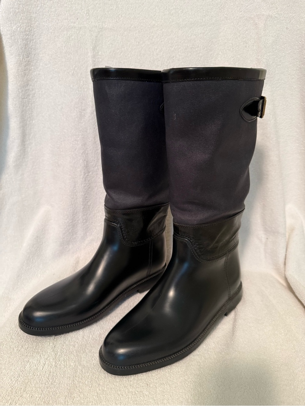 Burberry Black and  Navy Mid-Calf Rain Boots with Fabric Shaft